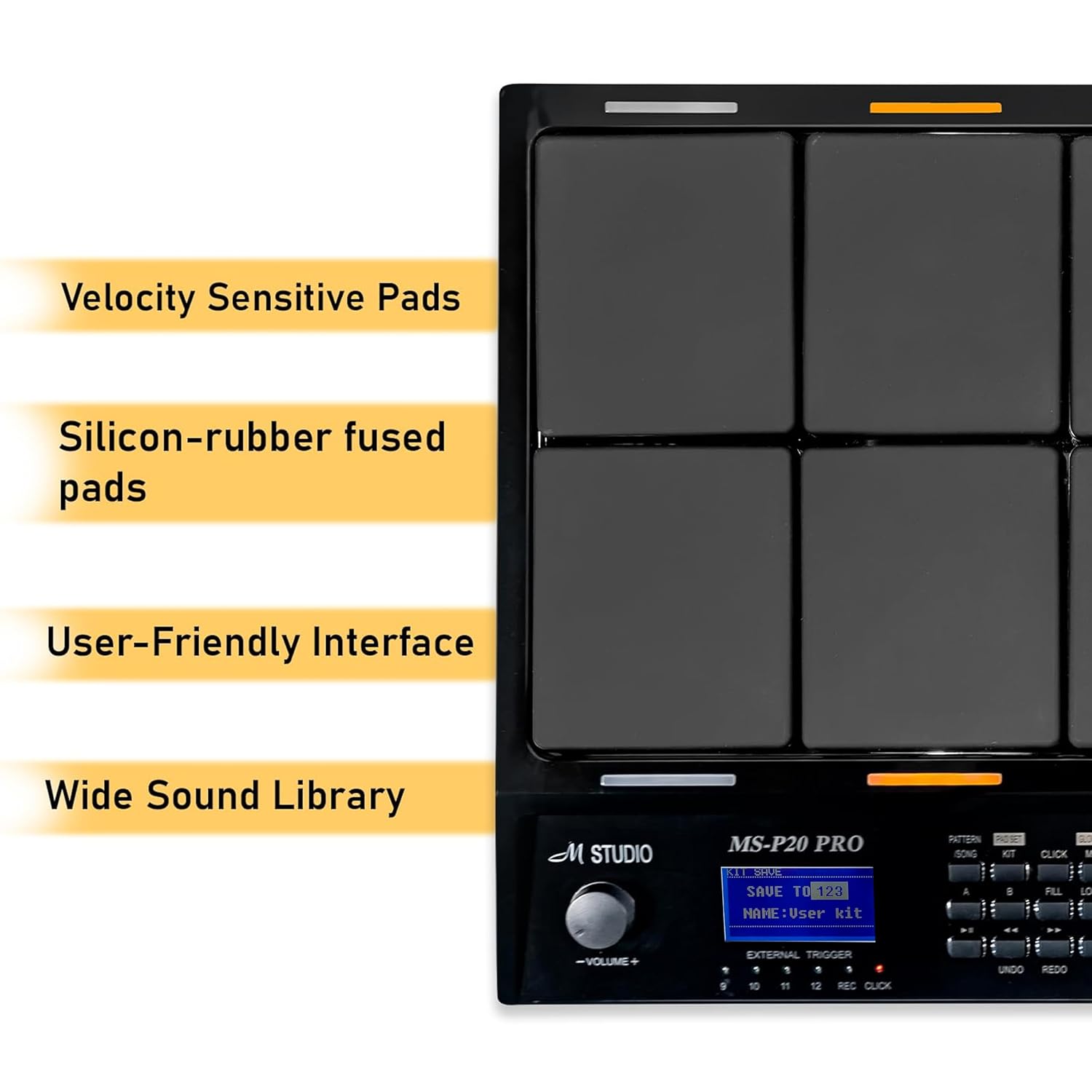 M Studio MSP20 Pro Professional Electronic Drum Pad, 8 Velocity-Sensitive Pads, LCD Display, MIDI Controller for Live & Studio Use – Black