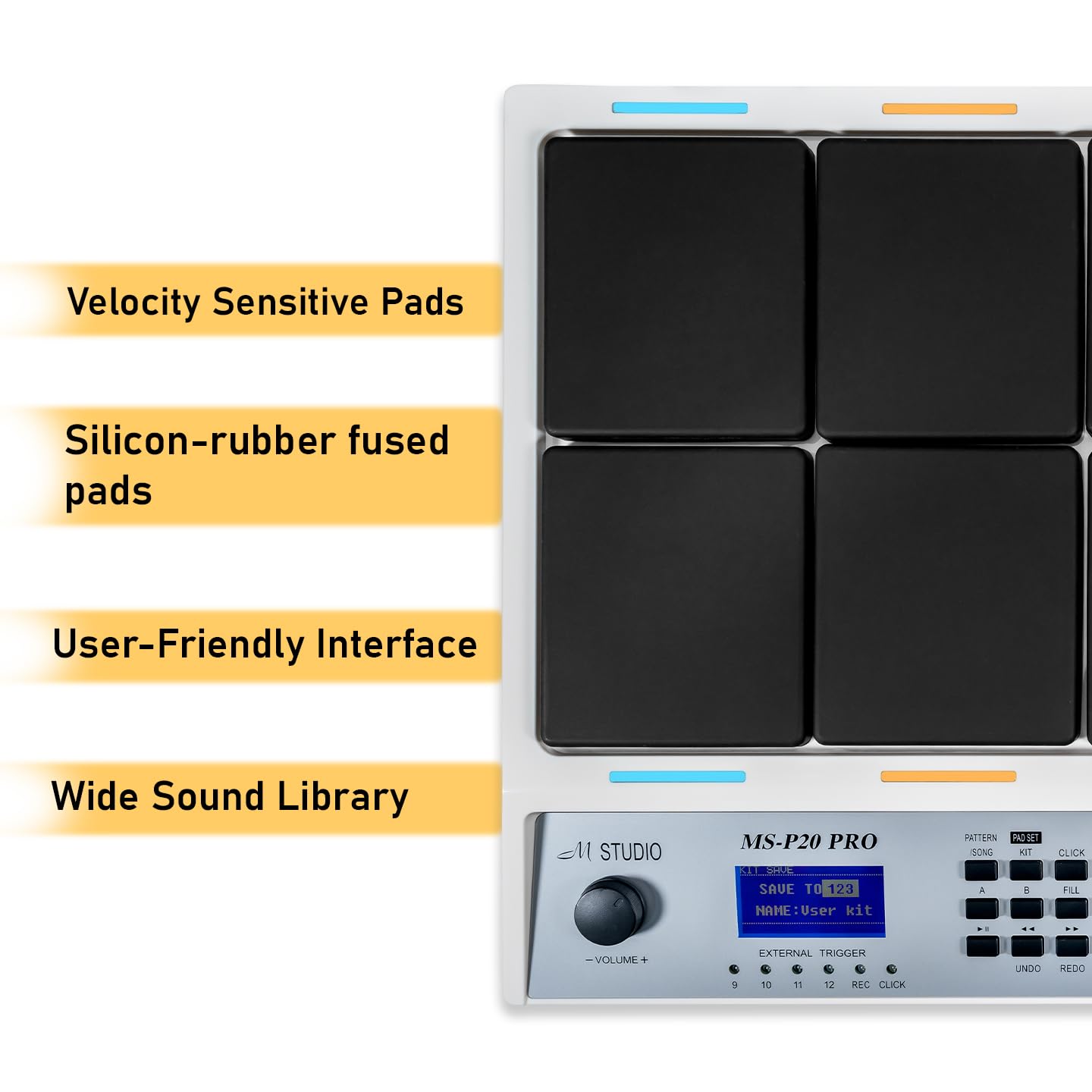 M Studio MSP20 Pro Professional Electronic Drum Pad, 8 Velocity-Sensitive Pads, LCD Display, MIDI Controller for Live & Studio Use – White