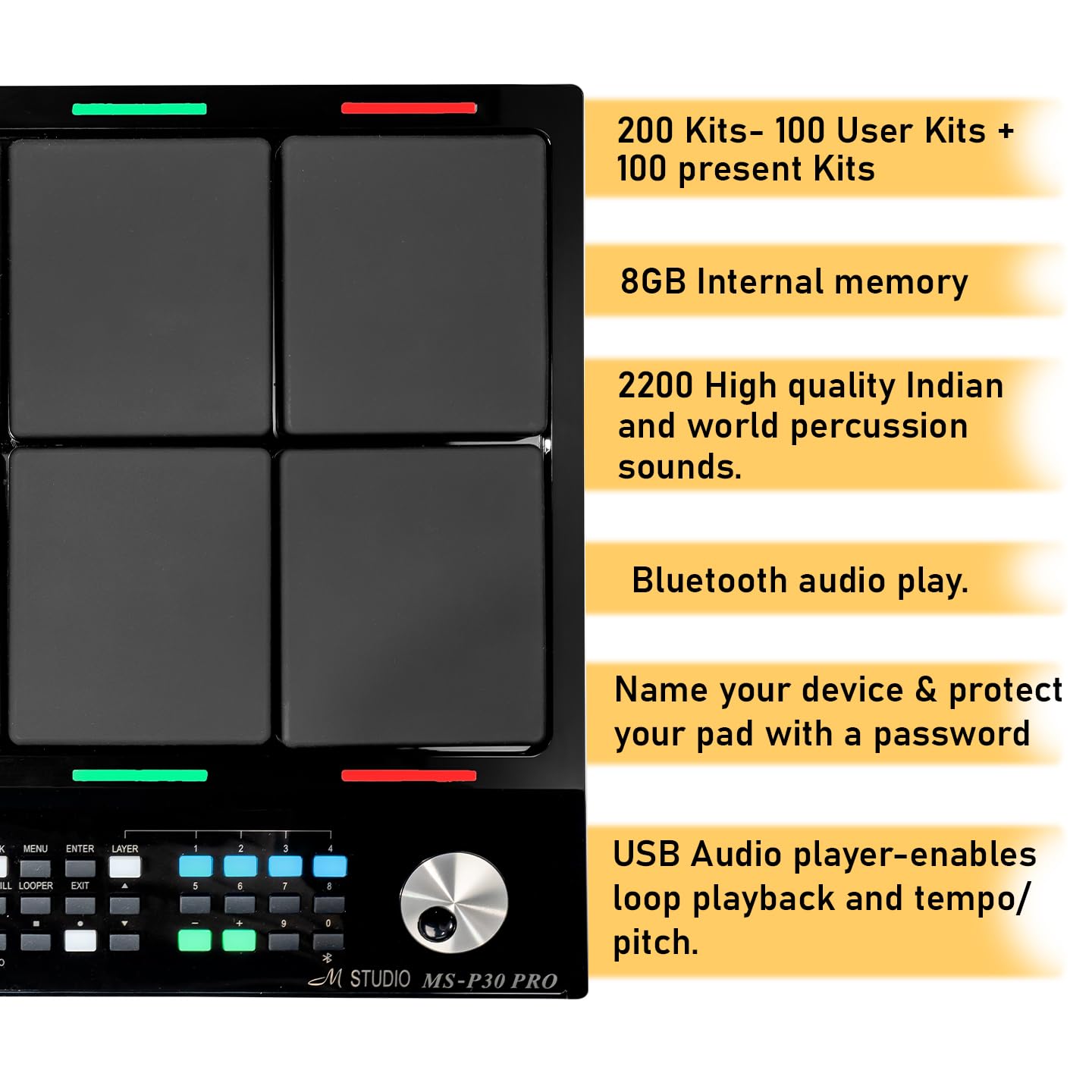 M Studio MSP30 Pro Electronic Drum Pad with 8 Velocity-Sensitive Pads, LCD Display, Built-In Sounds & MIDI Controller – Portable Digital Drum Kit (Black)