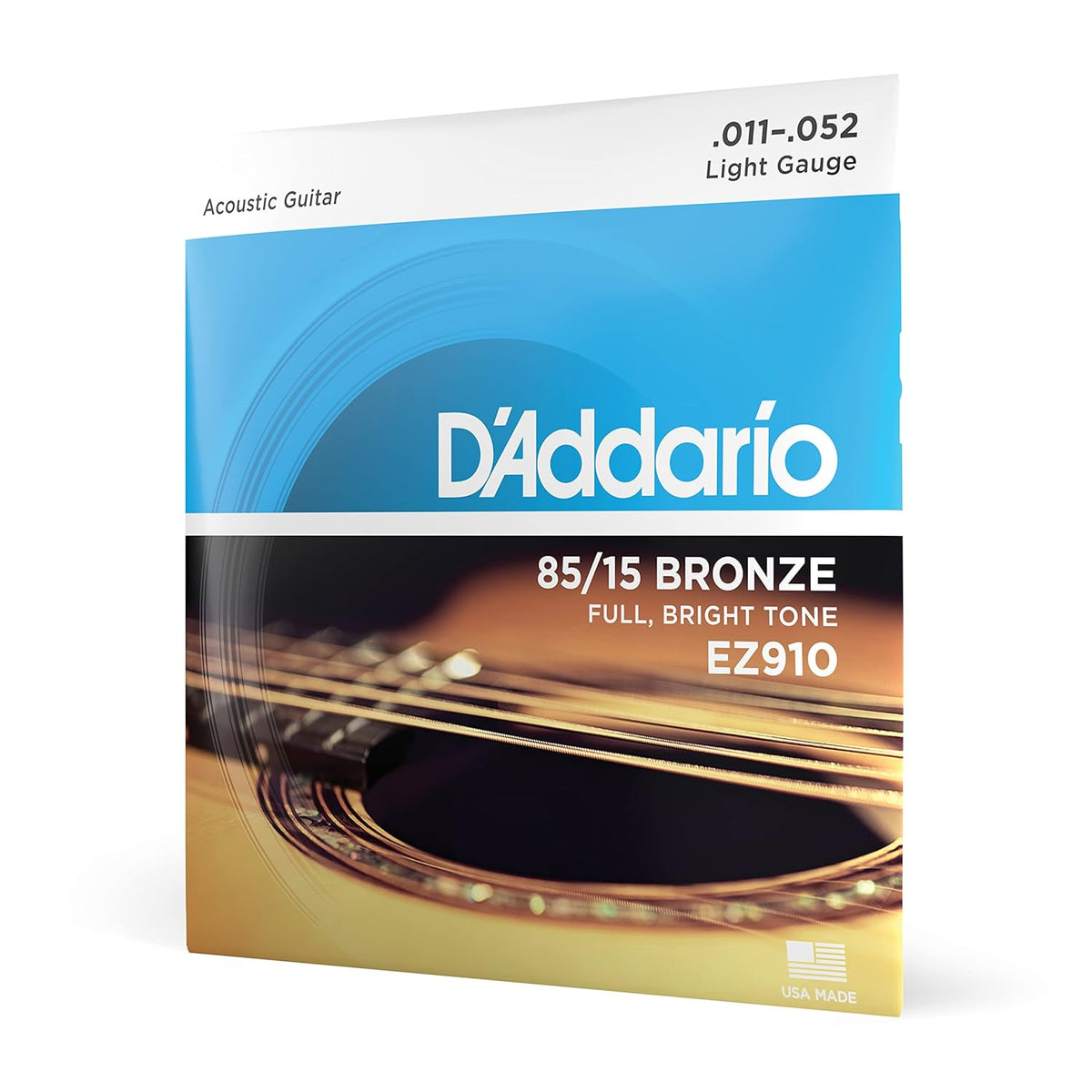 D’Addario EZ910 Bronze Acoustic Guitar Strings, .011–.052 Light Gauge, 85/15 Bronze for Bright, Full Tone, Stainless Steel, 1-Pack