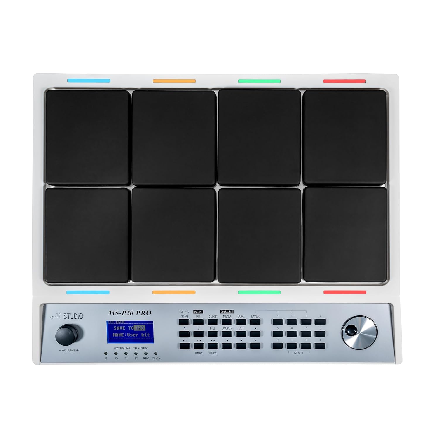 M Studio MSP20 Pro Professional Electronic Drum Pad, 8 Velocity-Sensitive Pads, LCD Display, MIDI Controller for Live & Studio Use – White