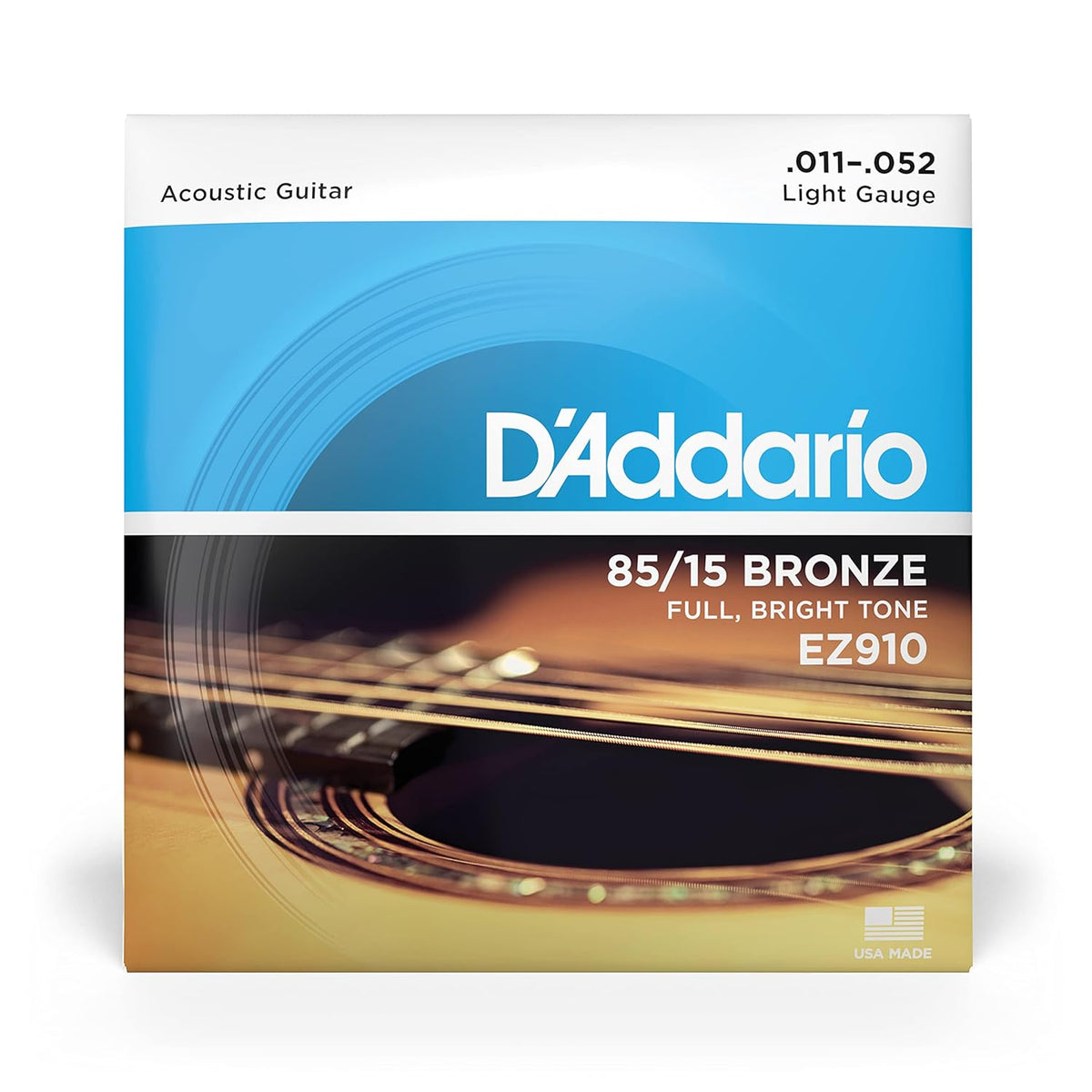 D’Addario EZ910 Bronze Acoustic Guitar Strings, .011–.052 Light Gauge, 85/15 Bronze for Bright, Full Tone, Stainless Steel, 1-Pack