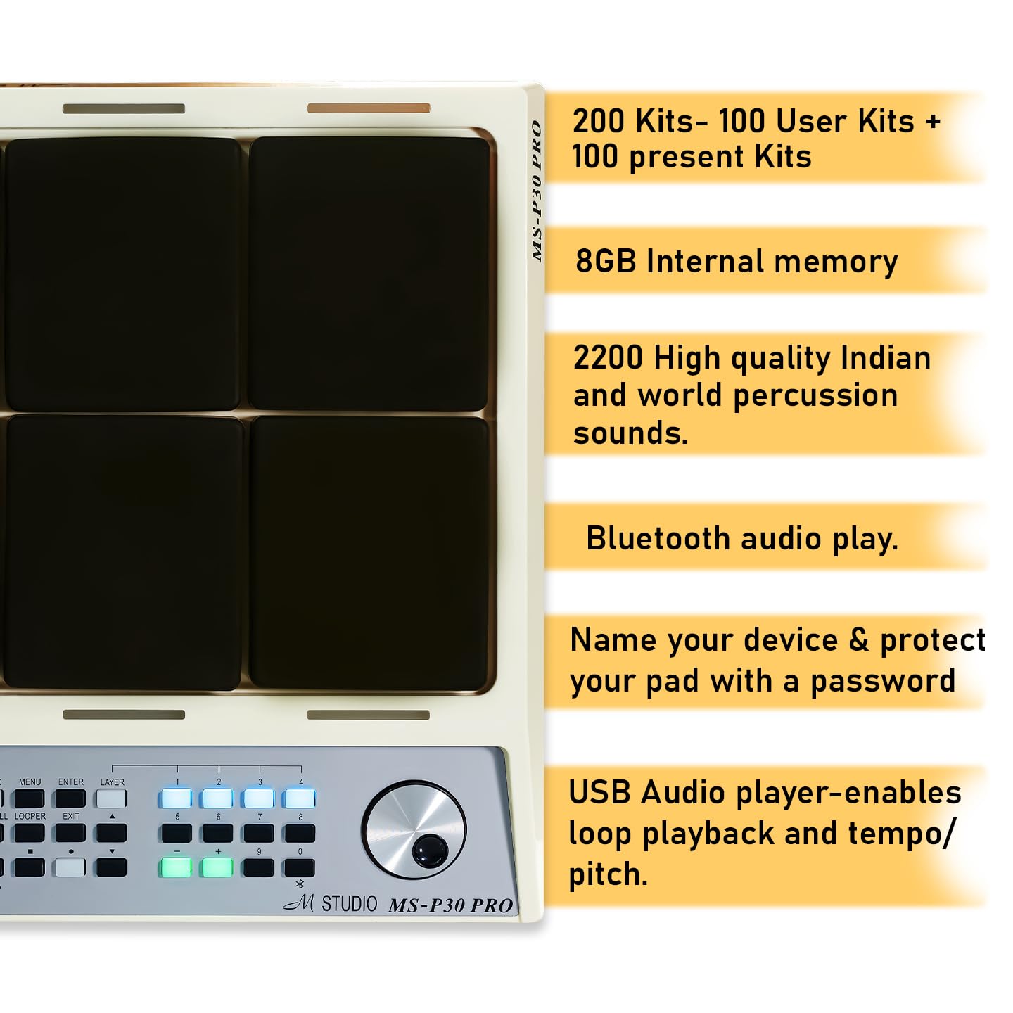 M Studio MSP30 Pro Electronic Drum Pad with 8 Velocity-Sensitive Pads, LCD Display, Built-In Sounds & MIDI Controller – Portable Digital Drum Kit (White)