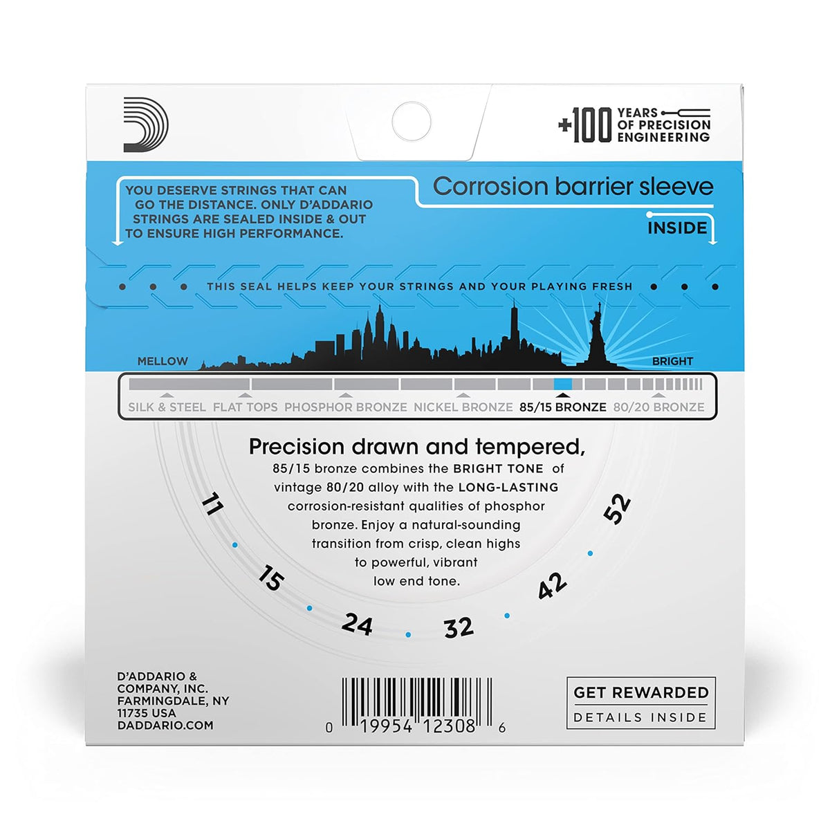 D’Addario EZ910 Bronze Acoustic Guitar Strings, .011–.052 Light Gauge, 85/15 Bronze for Bright, Full Tone, Stainless Steel, 1-Pack