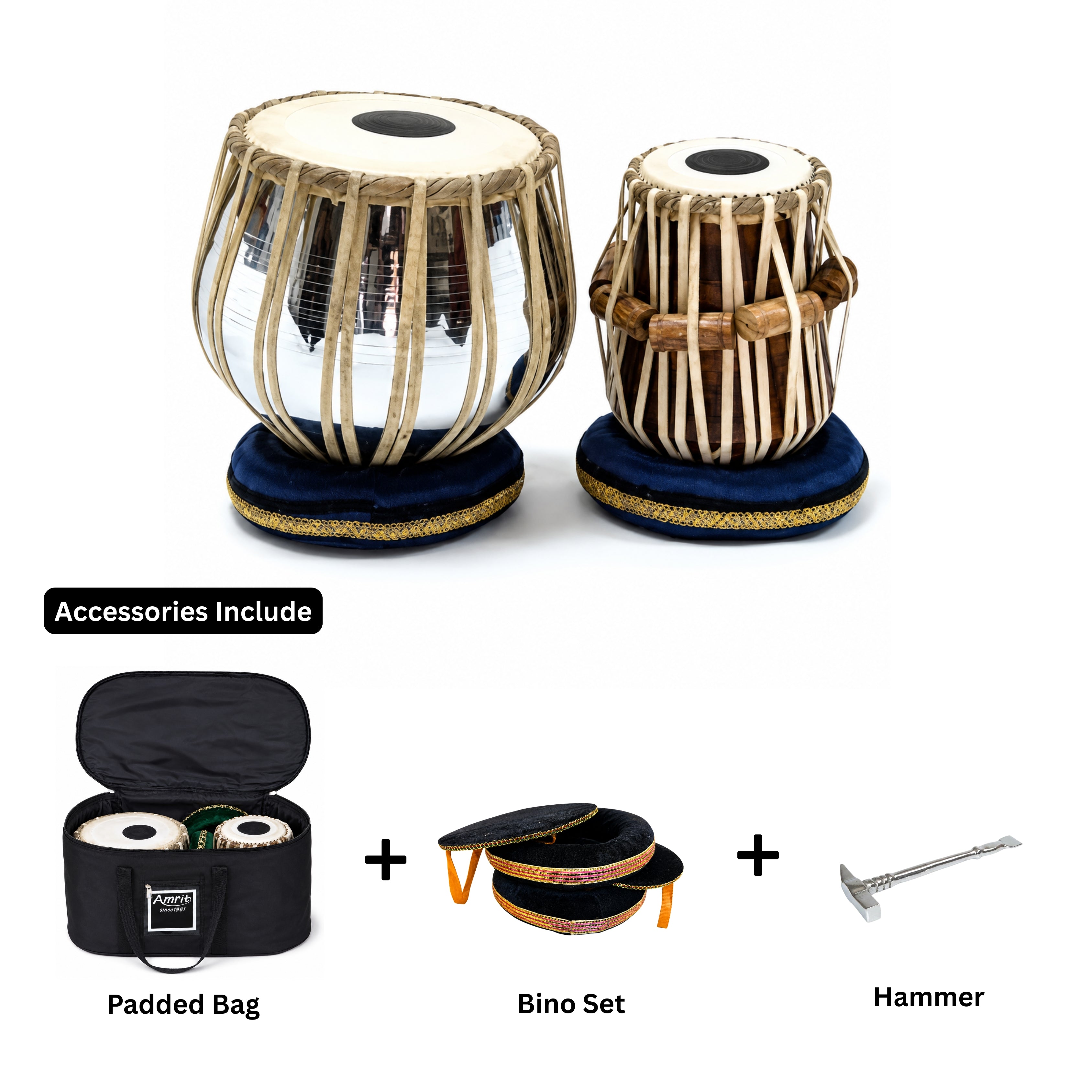 Amrit Steel Tabla Set – Complete Tabla Set with Protective Bag, Tuning Hammer & Bino