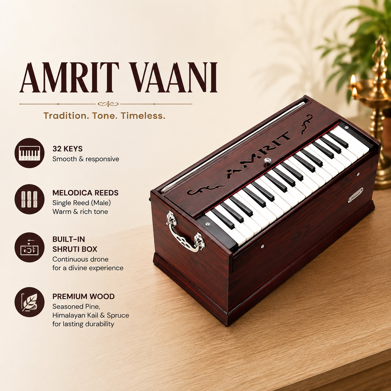 AMRIT® AmritVaani 32Key Professional Portable Harmonium With ShrutiBox With Bag Cherry Color