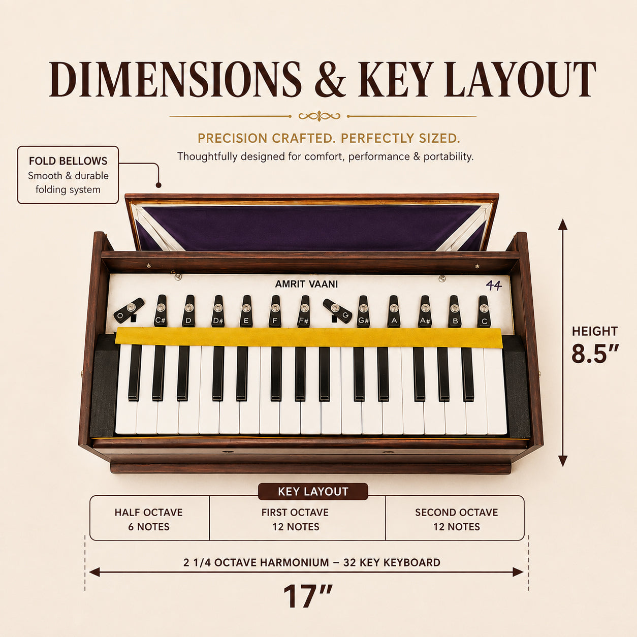 AMRIT® AmritVaani 32Key Professional Portable Harmonium With ShrutiBox With Bag Cherry Color