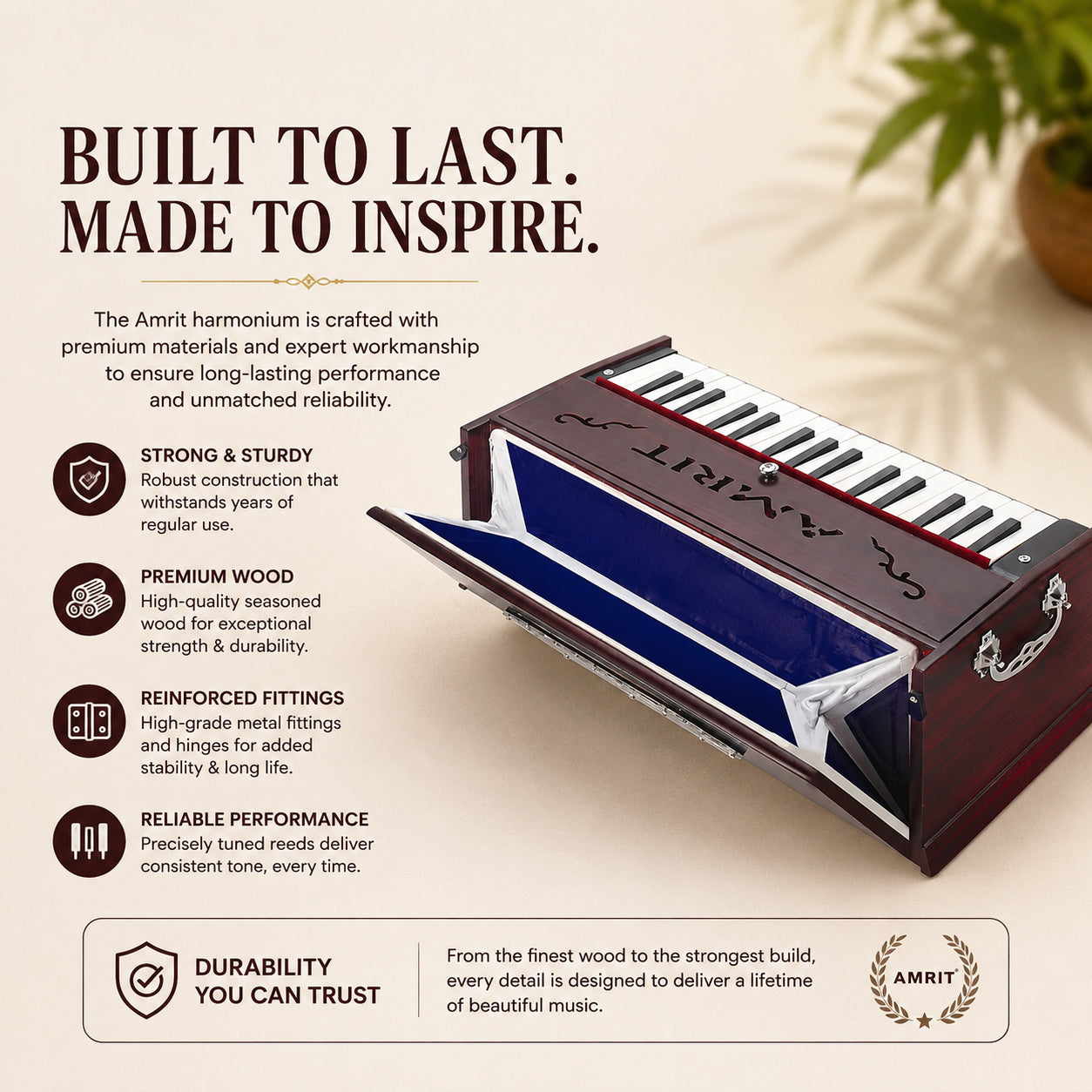 AMRIT® AmritVaani 32Key Professional Portable Harmonium With ShrutiBox With Bag Cherry Color
